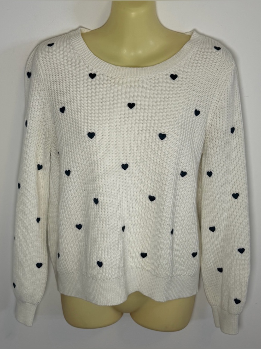 Lucky Brand Black Hearts Cable Knit White Sweater